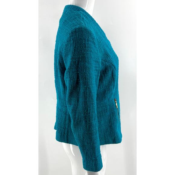 Alfani Womens Blazer Jacket Size 12 Turquoise Blue Heavy Cotton Tweed Zip Up - Picture 3 of 5